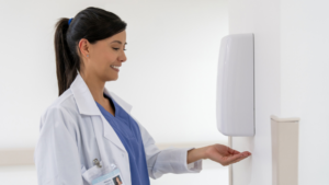 Hospital Worker Using Hand Sanitizer Machine